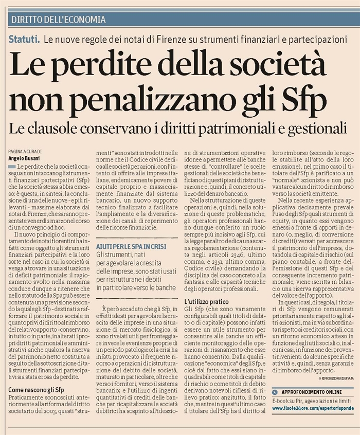 SOCIETA' - Le perdite non erodono gli strumenti finanziari partecipativi (SFP)