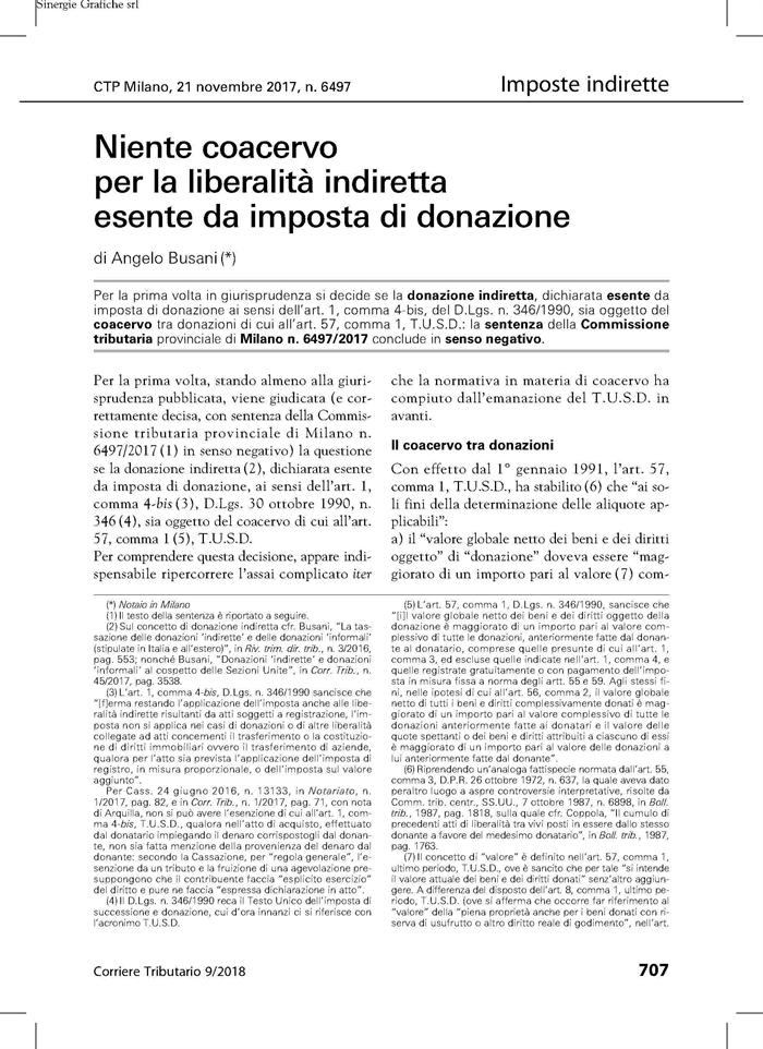 IMPOSTA DI DONAZIONE - La donazione indiretta non fa coacervo