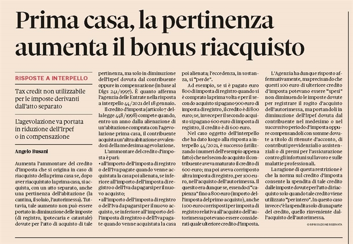 PRIMA CASA - Credito d'imposta aumentato con acquisto di pertinenza