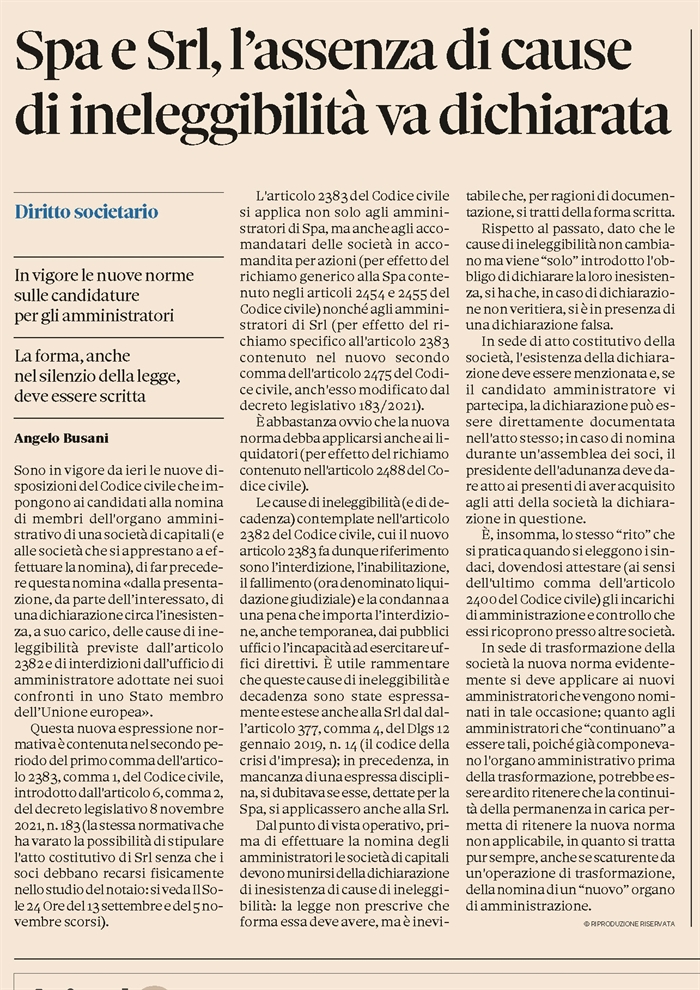 SOCIETA' - Ineleggibilità alla carica di amministratore di società di capitali