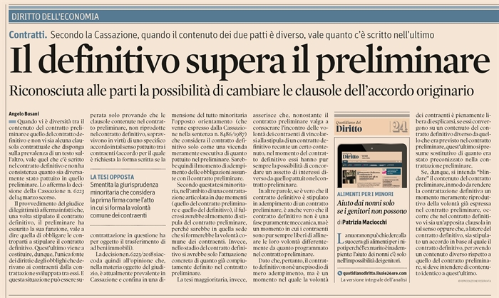 COMPRAVENDITA - Se vi è diversità tra il contratto definitivo e il preliminare