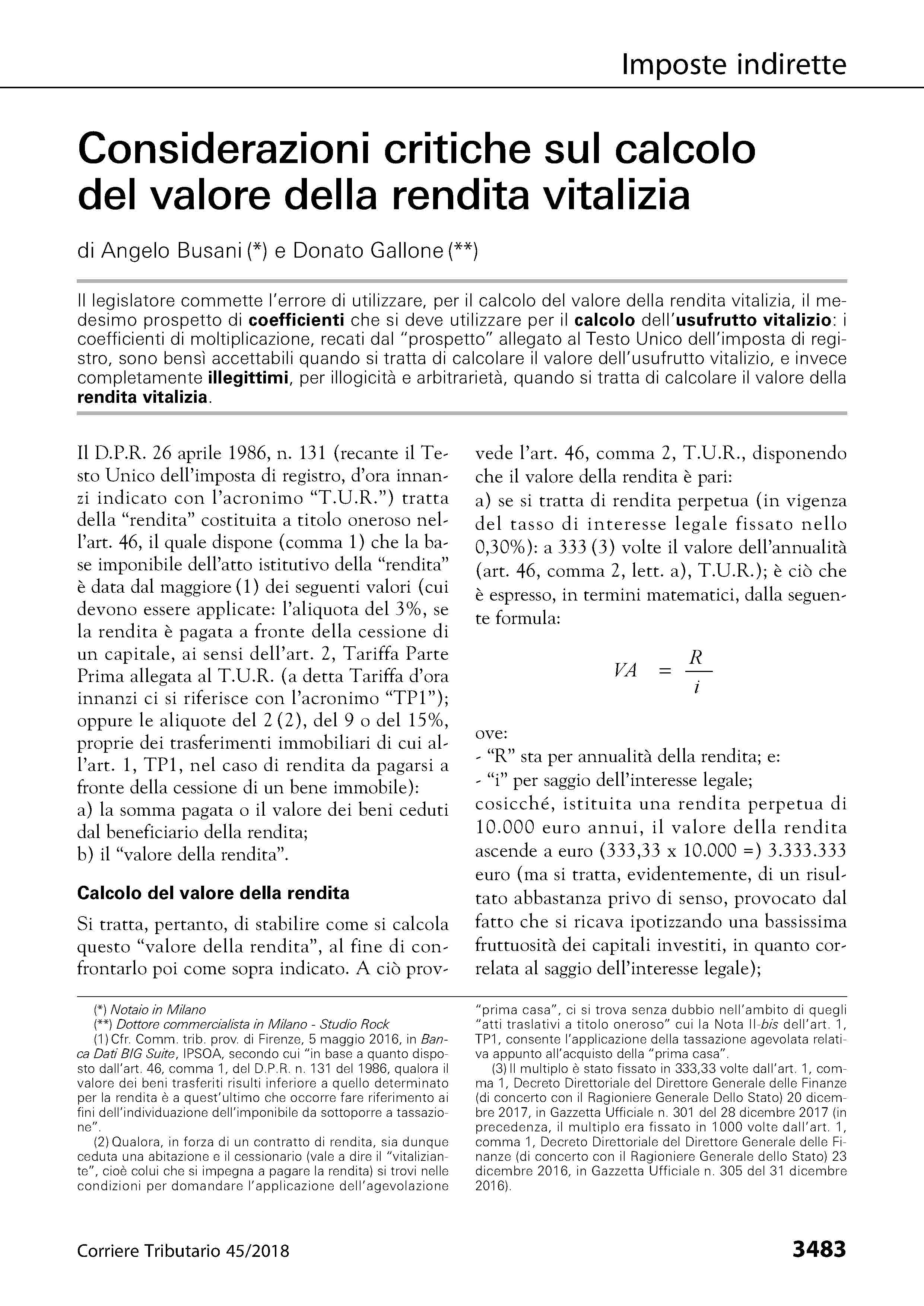 Imposta Di Registro Considerazioni Critiche Sul Calcolo Del Valore Della Rendita Vitalizia
