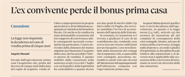 PRIMA CASA - Cessazione della convivenza e perdita del beneficio