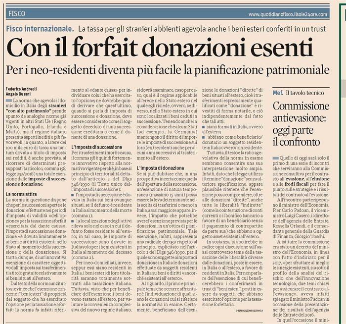 IMPOSTA DI SUCCESSIONE E DONAZIONE - Flat tax per stranieri non residenti