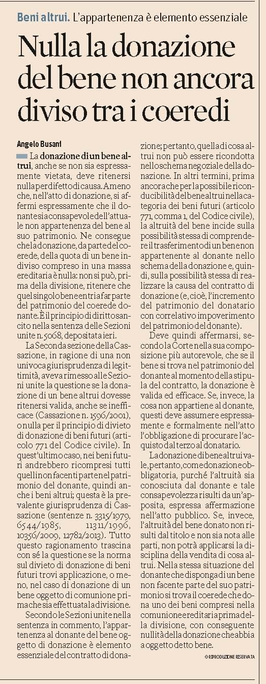 DONAZIONE - Nulla la donazione di quota di bene indiviso