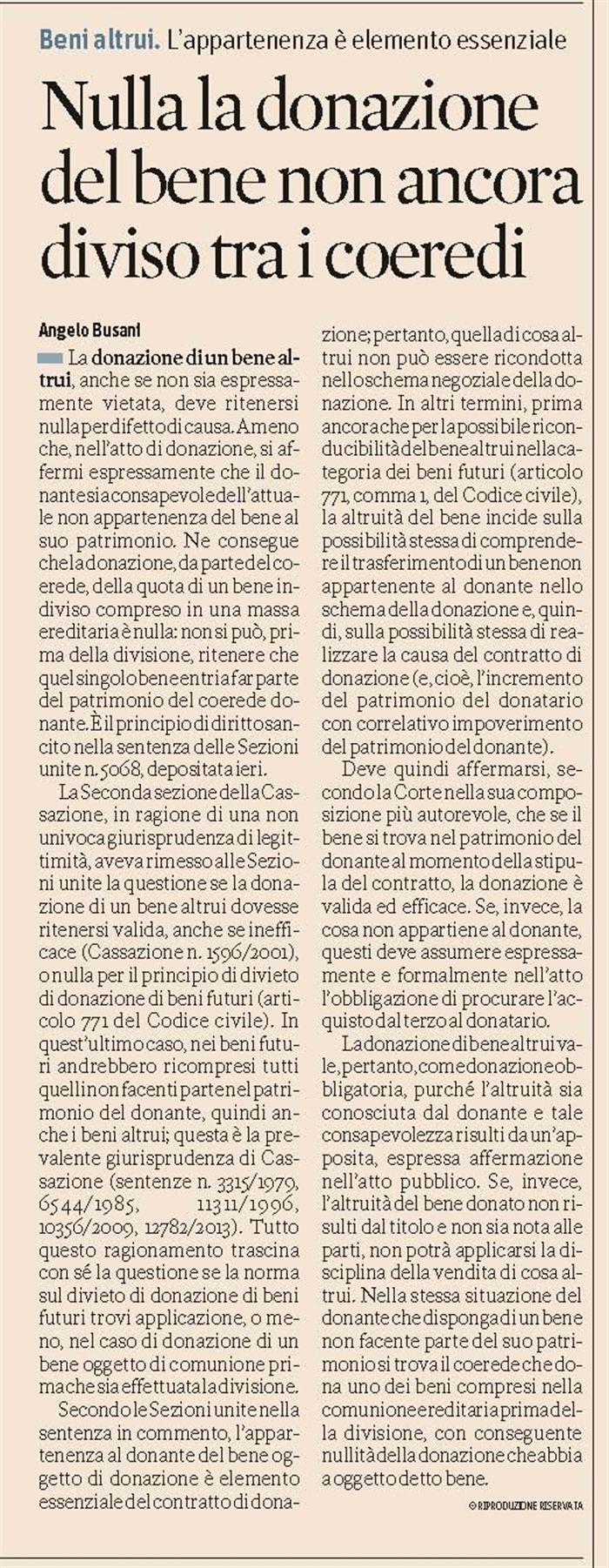 DONAZIONE - Nulla la donazione di quota di bene indiviso