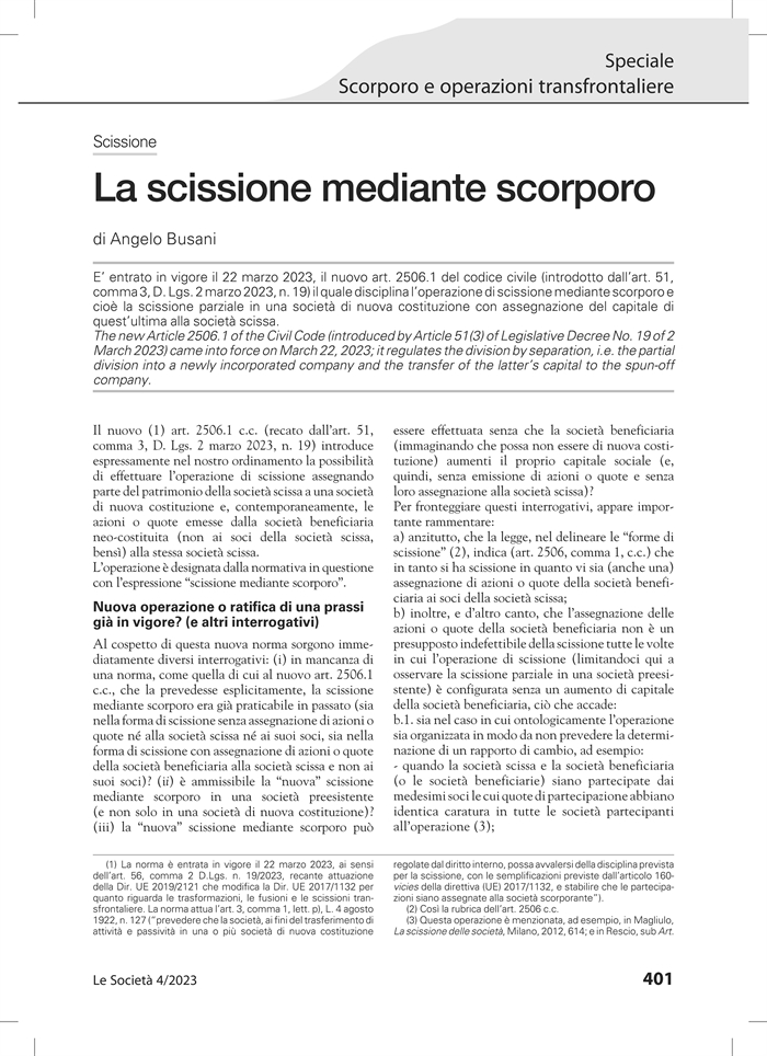 SCISSIONE CON SCORPORO - Alla scissa le quote della beneficiaria