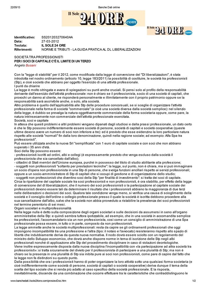 2012 03 27 Per i soci di capitale c'è il limite di un terzo