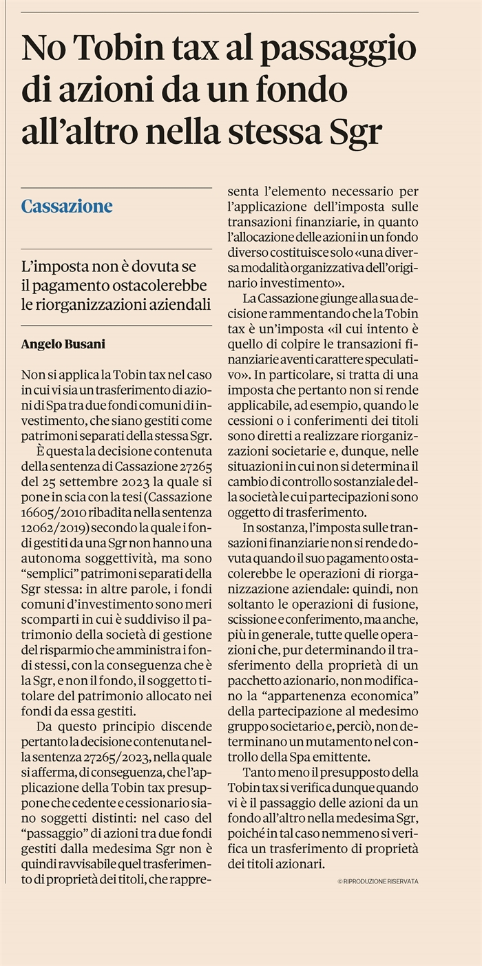 SOCIETA' - No Tobin Tax nel trasferimento di azioni tra due fondi di investimento