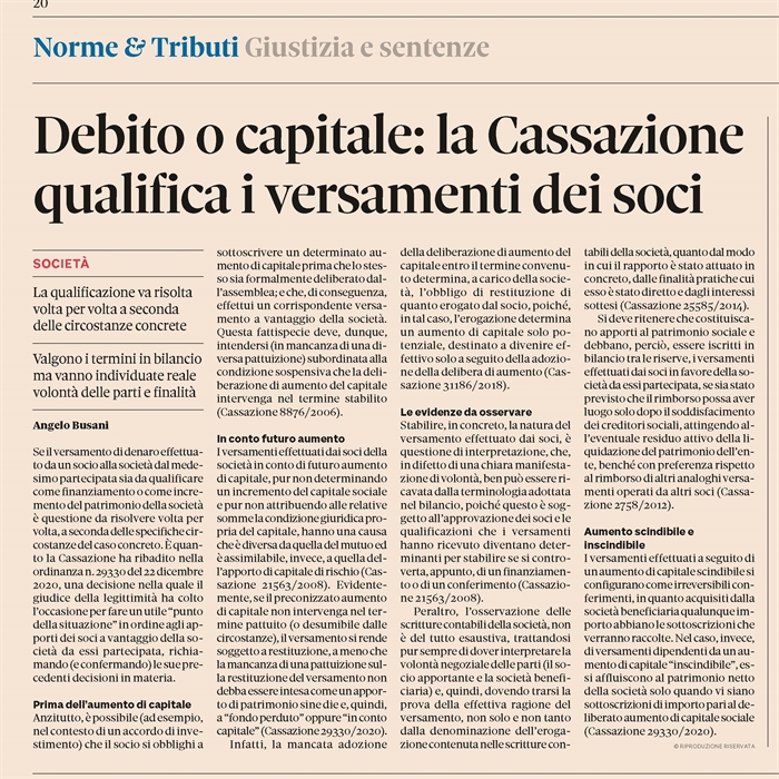 SOCIETA' - Versamenti dei soci, apporti o finanziamenti ?