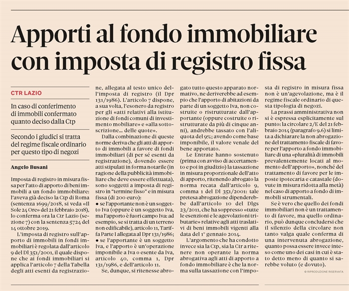 IMPOSTA DI REGISTRO - Apporto a fondo immobiliare