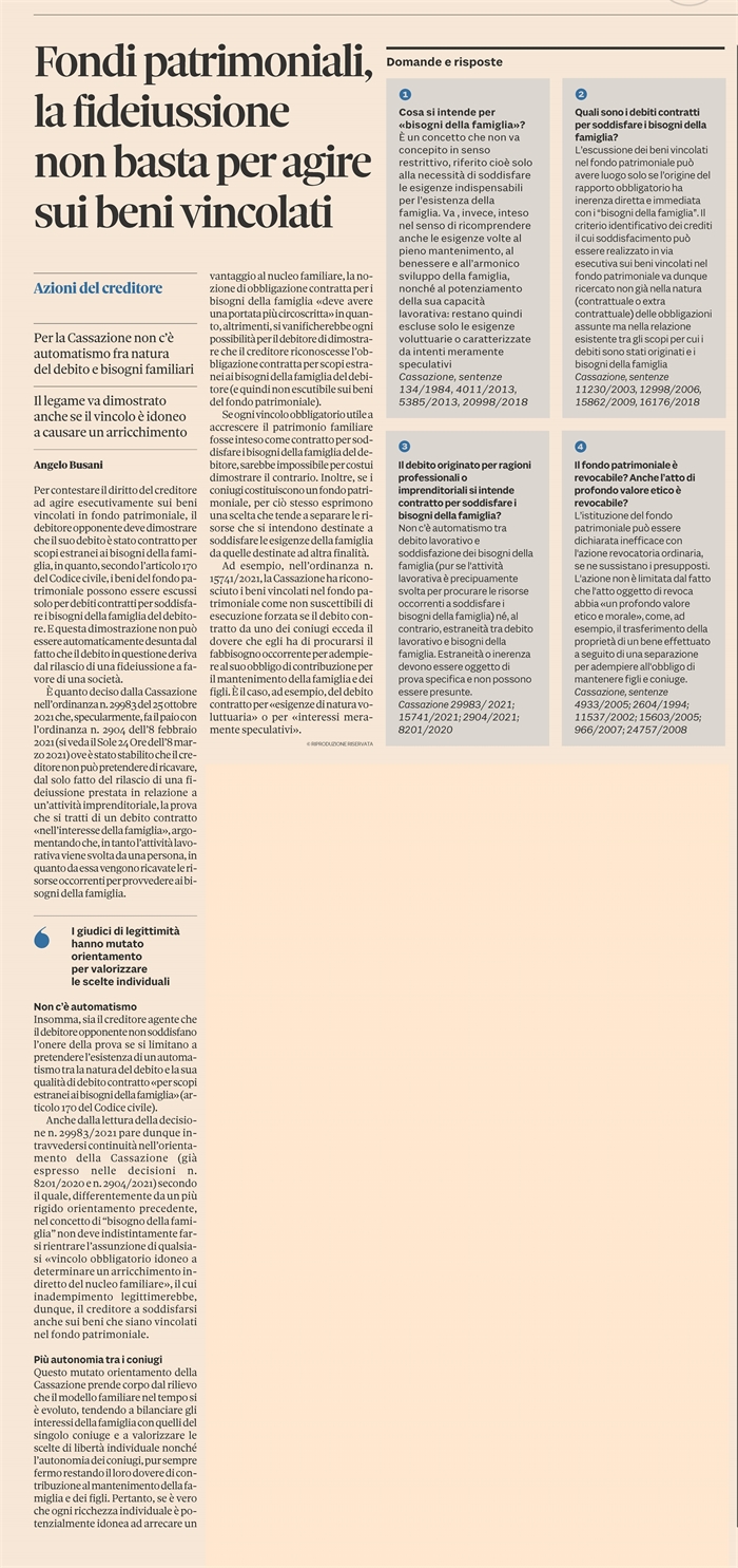 FONDO PATRIMONIALE - La protezione non cade con il rilascio di una fideiussione (pagina)