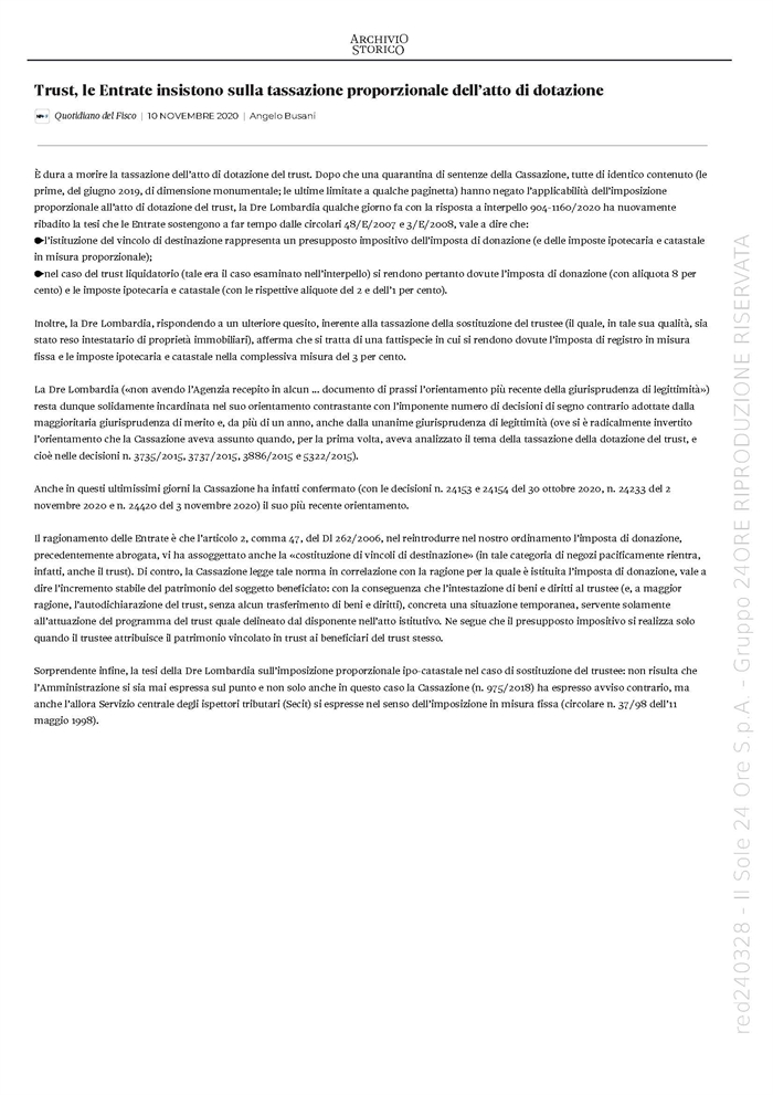 TRUST - Agenzia Entrate: imposta proporzionale per l'atto di dotazione