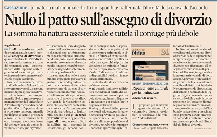 FAMIGLIA - Nullo il patto sull'assegno di divorzio