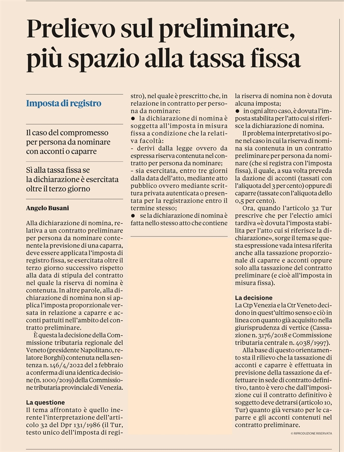 CONTRATTO PER PERSONA DA NOMINARE - Tassazione della dichiarazione di nomina (pagina)