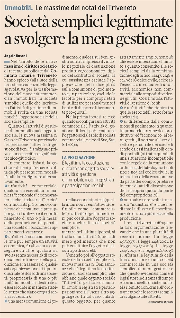 SOCIETA' - L'oggetto della società semplice