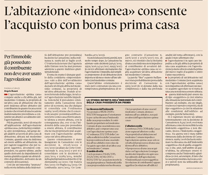 COMPRAVENDITA - Agevolazione "prima casa" e abitazione "pre-posseduta" inidonea 