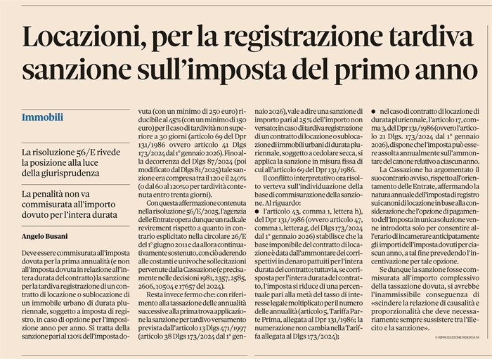 IMPOSTA DI REGISTRO E LOCAZIONE - Sanzione per tardiva registrazione 