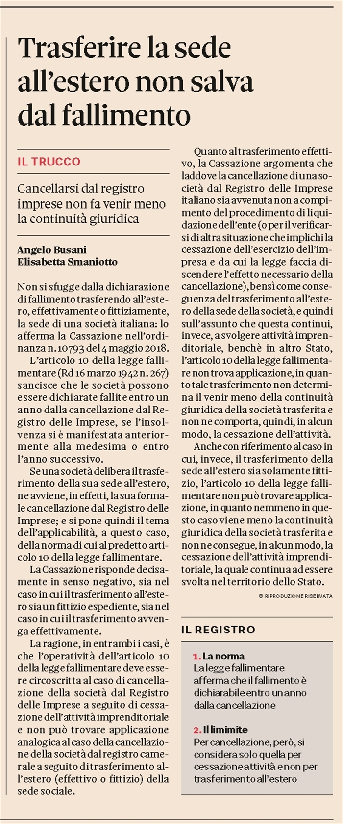 SOCIETA' - Trasferire la sede all'estero non salva dal fallimento