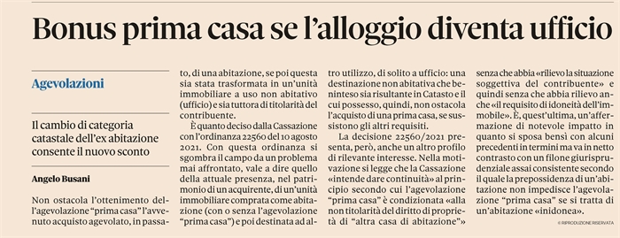 AGEVOLAZIONE PRIMA CASA - Non si perde se la casa diventa ufficio