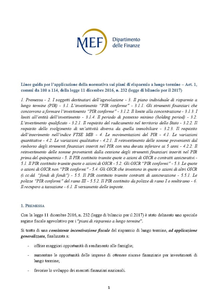 TUTELA DEL PATRIMONIO- Piani individuali di risparmio (PIR) 