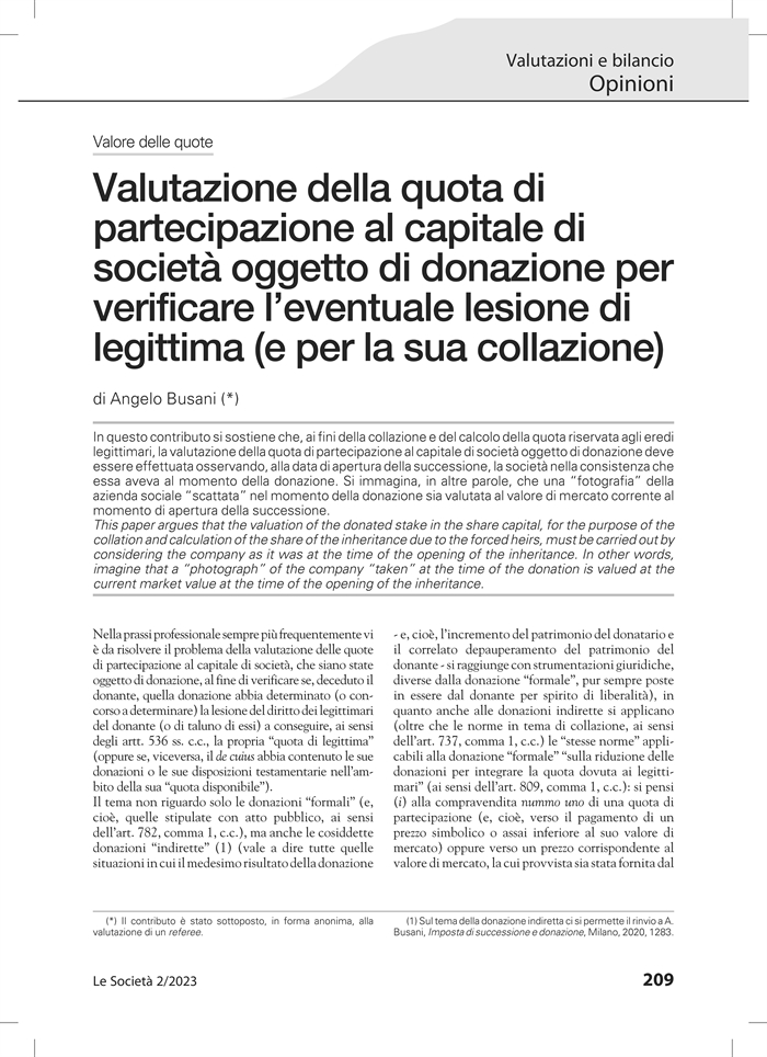 SOCIETA' - Valutazione delle quote oggetto di donazione ai fini del calcolo della legittima