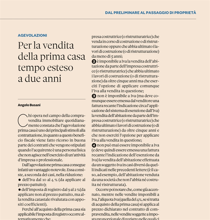 AGEVOLAZIONE PRIMA CASA - Due anni per vendere l'abitazione preposseduta