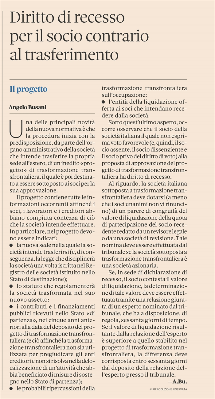 SOCIETA' - Il recesso del socio nel caso di trasformazione transfrontaliera