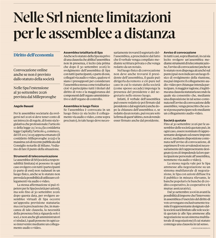 SOCIETA' - Le regole delle assemblee on-line per il 2026