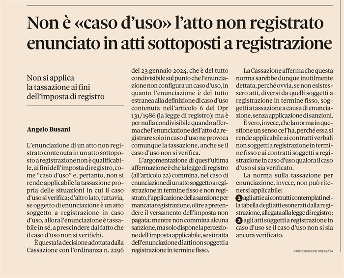 IMPOSTA DI REGISTRO - L'enunciazione non è caso d'uso 