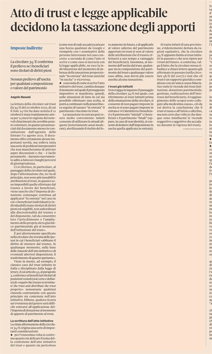 TRUST - La tassazione dell'apporto dopo la Circolare 34/2022
