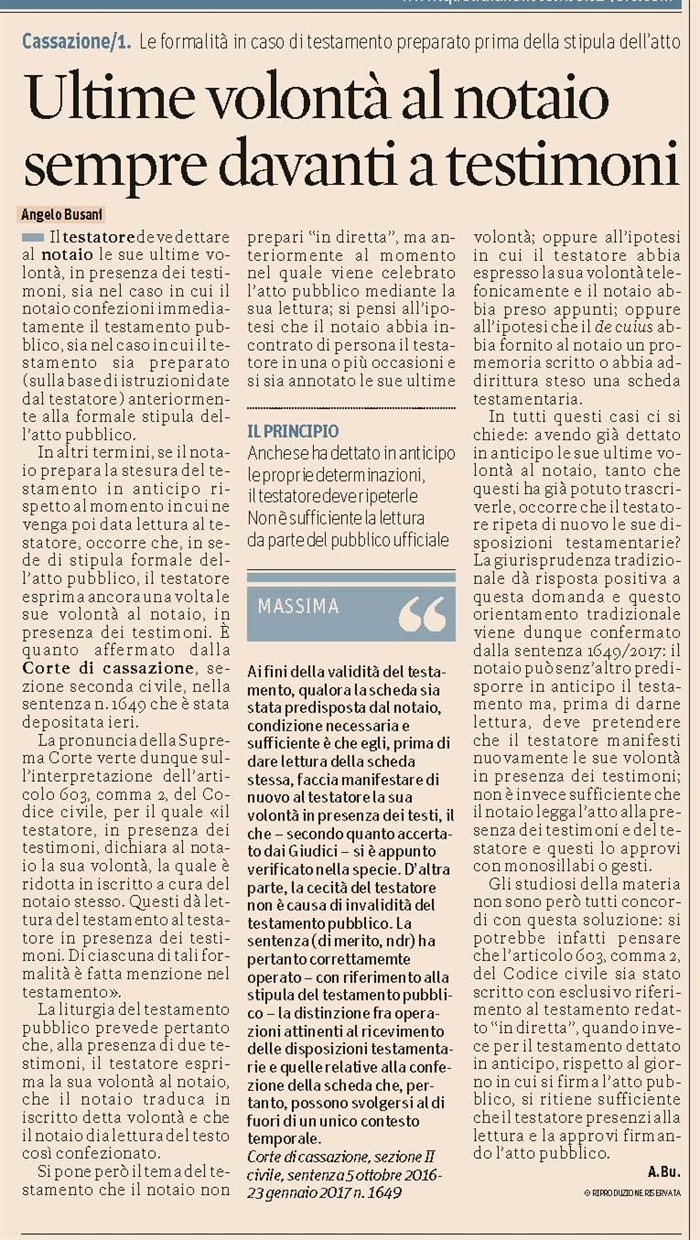 SUCCESSIONI - Dettatura del testamento da parte del testatore